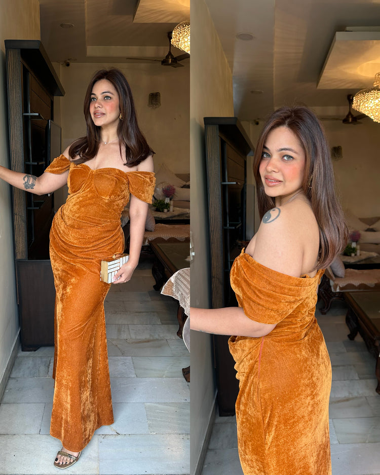 Gold velvet drape corset dress