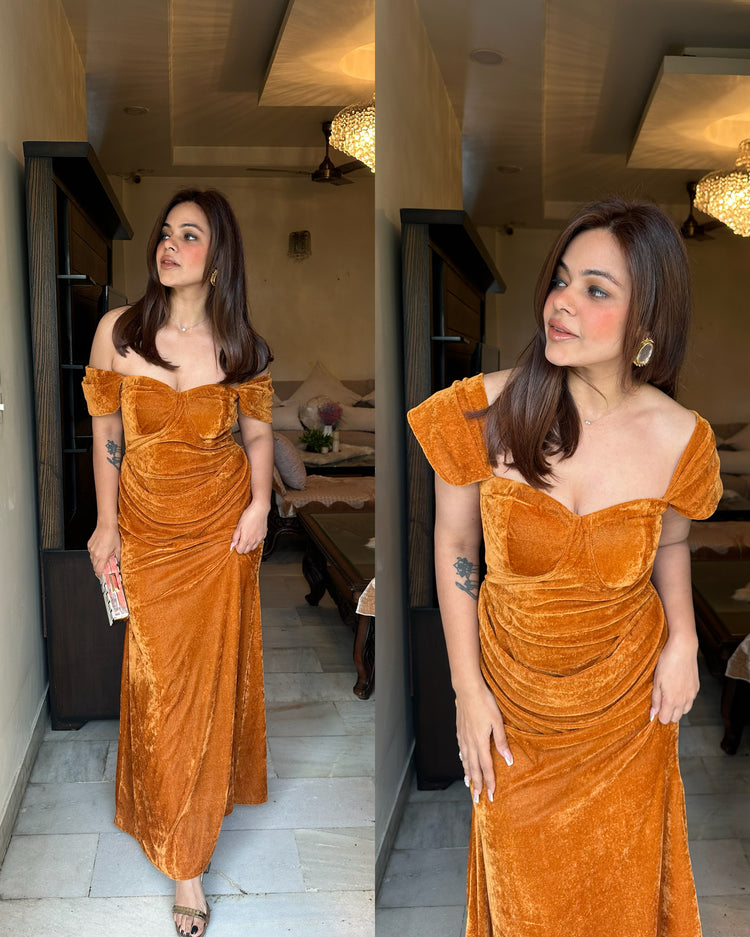 Gold velvet drape corset dress