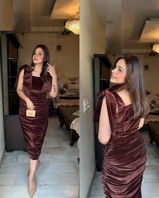 Brown velvet bow strap dress
