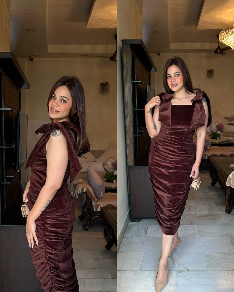 Brown velvet bow strap dress