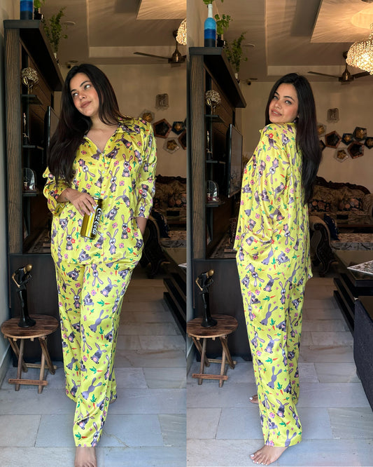 Lime green printed nightsuit