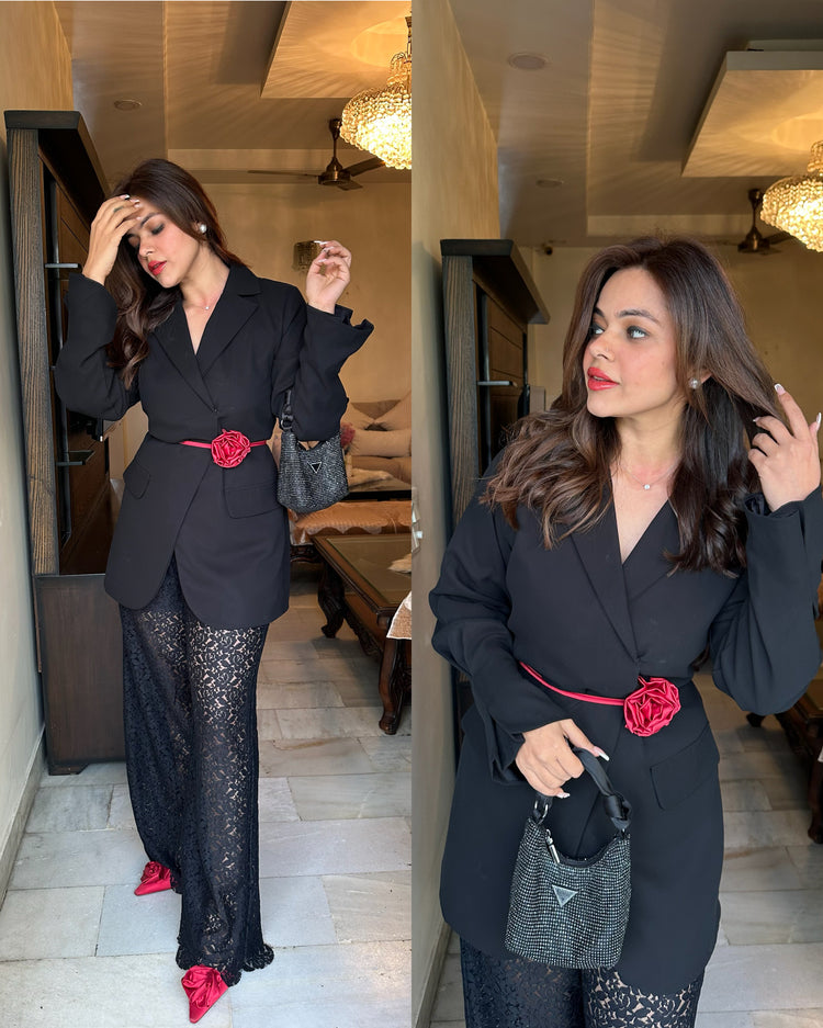 Black blazer self net pants with rose belt