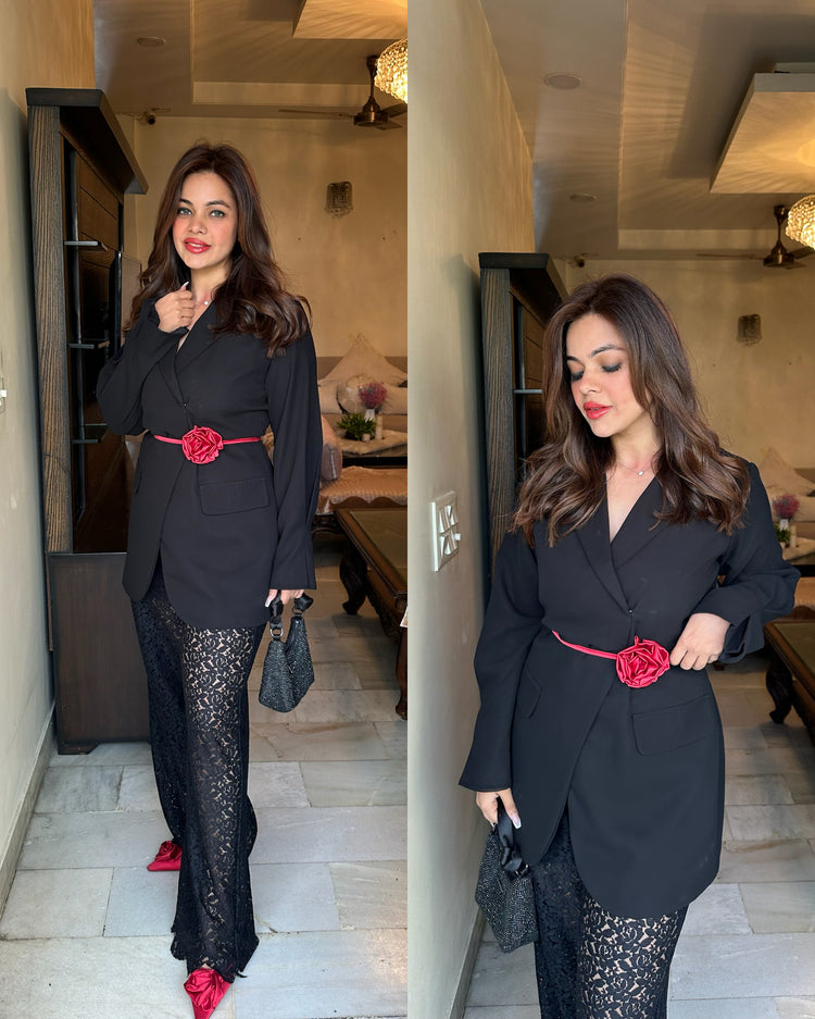 Black blazer self net pants with rose belt