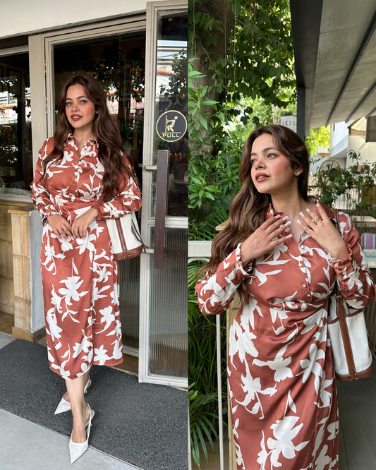 Rust white printed drape dress