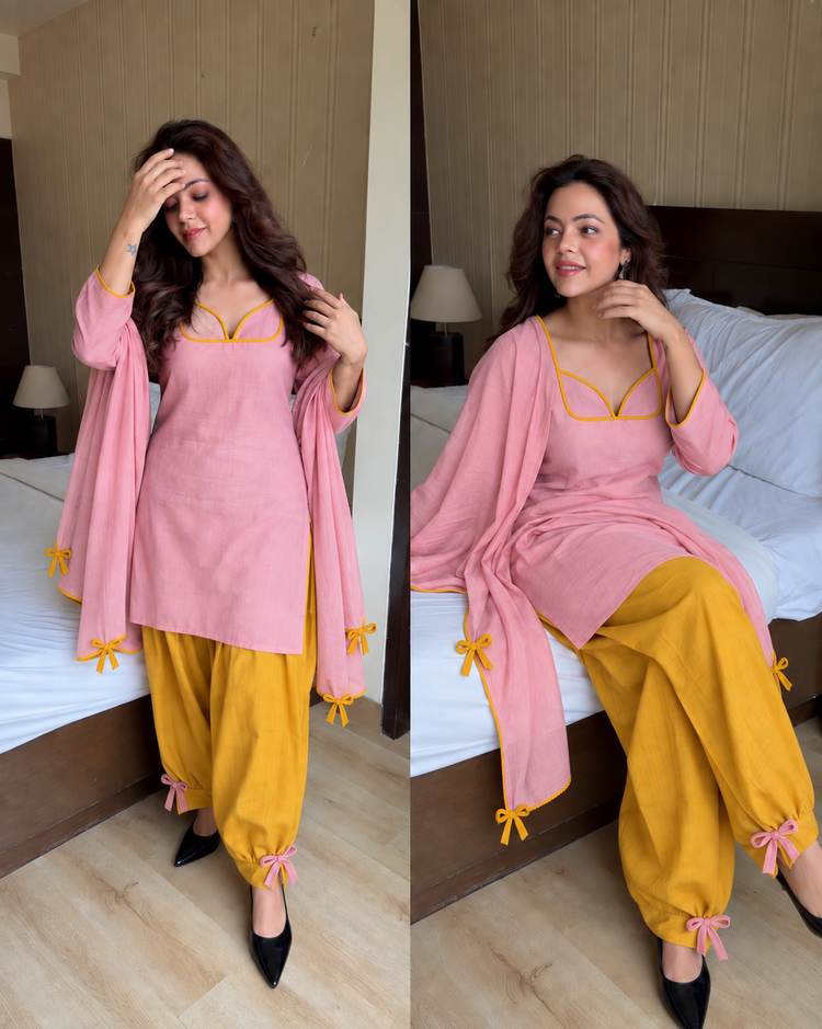 Pink mustard cotton farsi bows suit