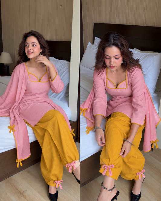 Pink mustard cotton farsi bows suit