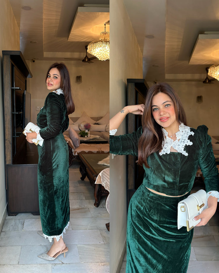Green velvet skirt top cutwork