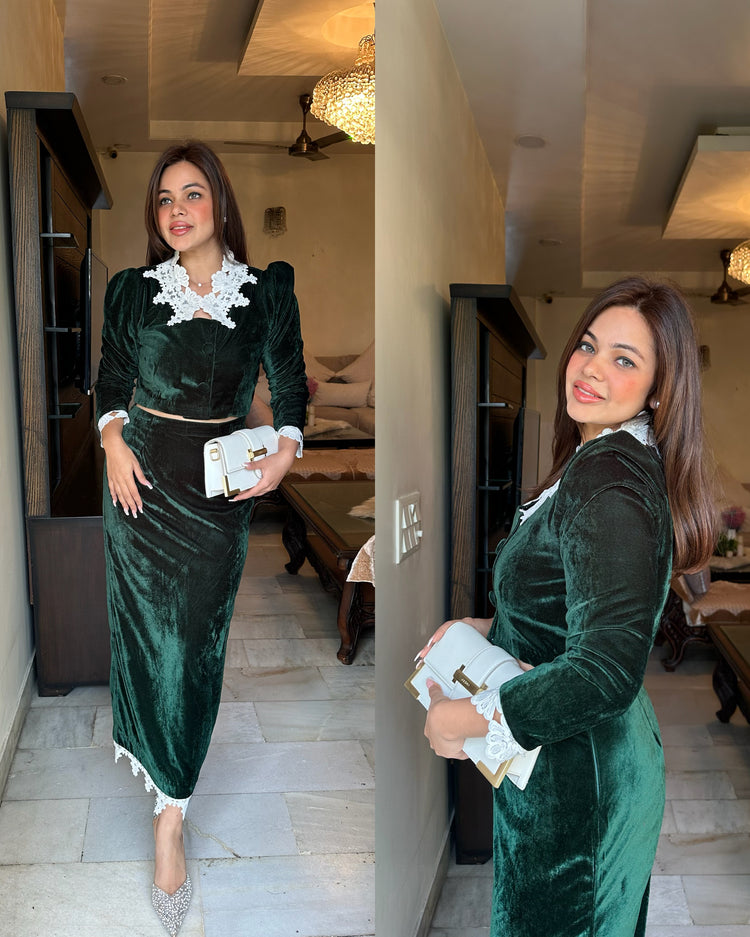 Green velvet skirt top cutwork