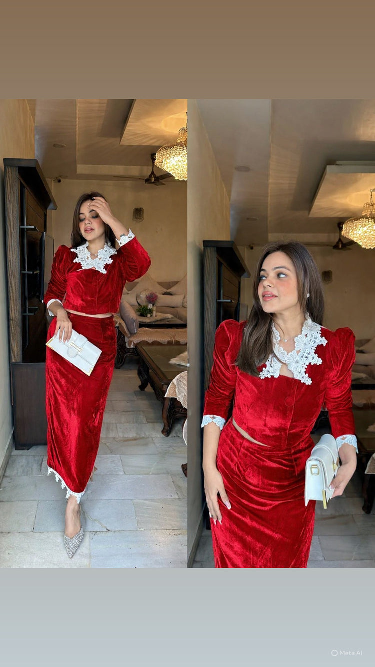 Green velvet skirt top cutwork