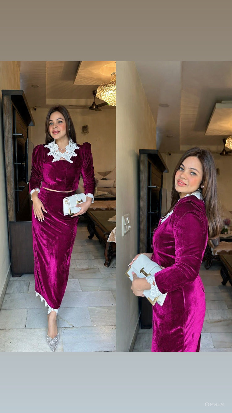 Green velvet skirt top cutwork