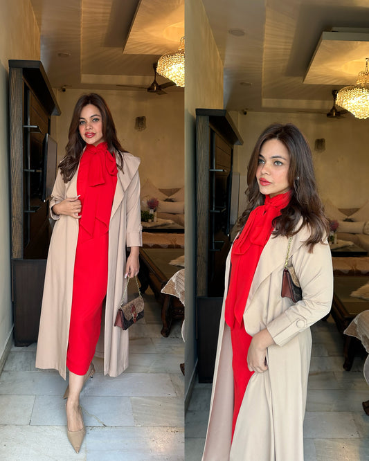 Beige trench red knot dress set