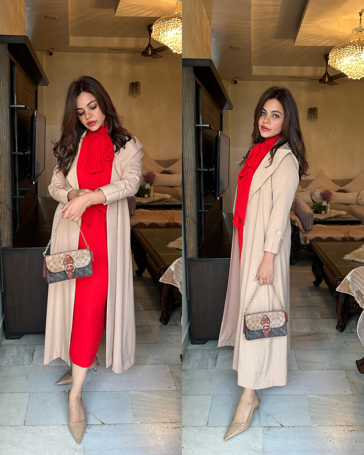 Beige trench red knot dress set