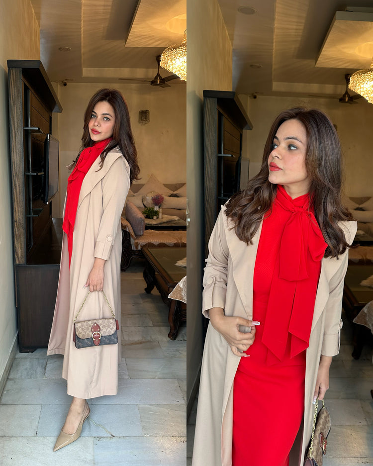 Beige trench red knot dress set