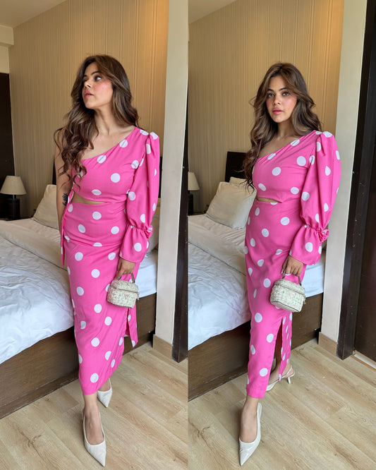 Pink white polka side cut dress