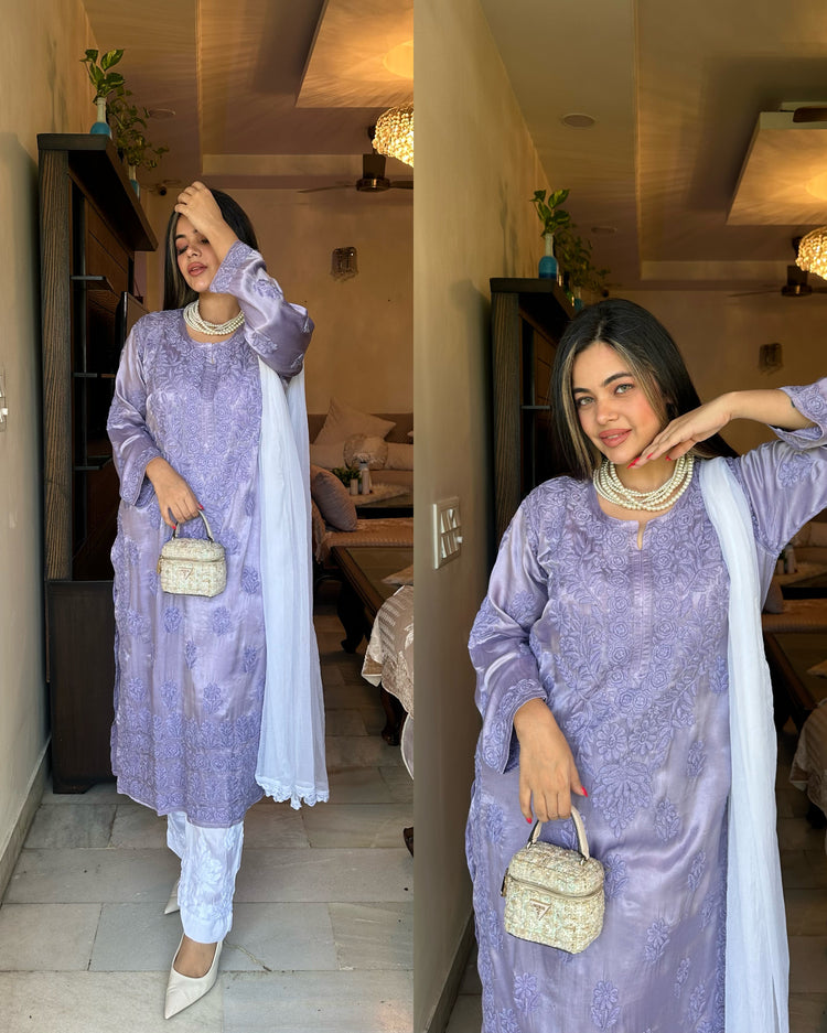 Satin purple chikankari suit