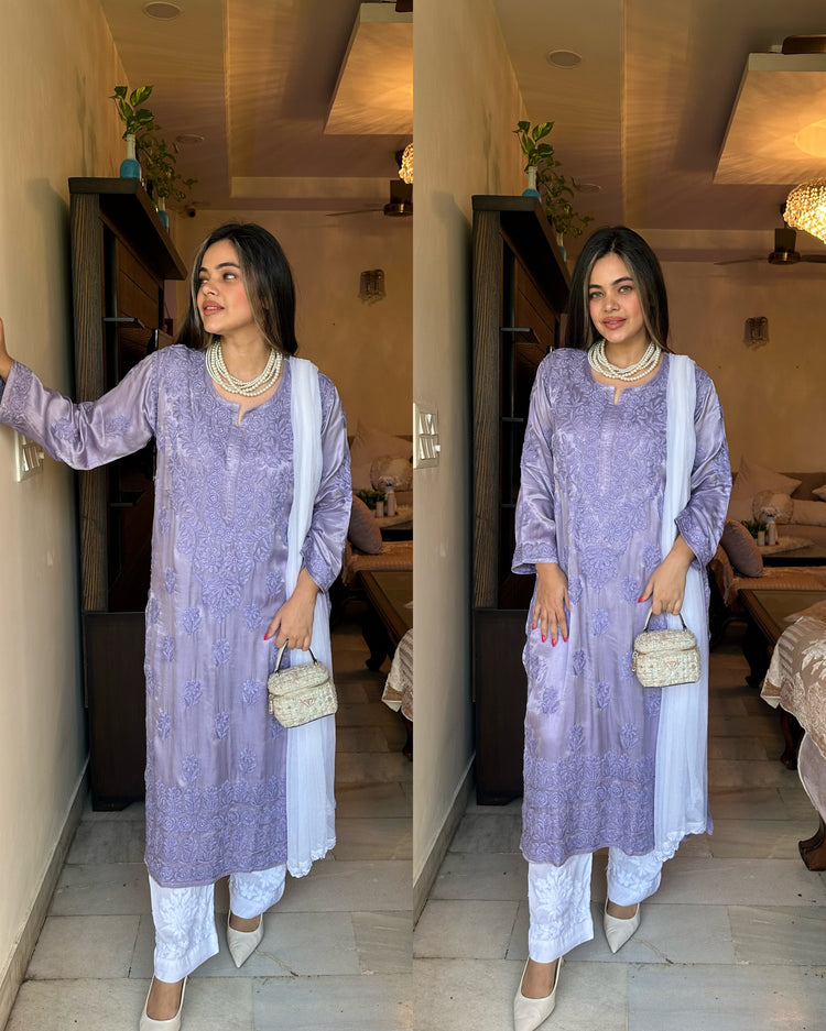 Satin purple chikankari suit