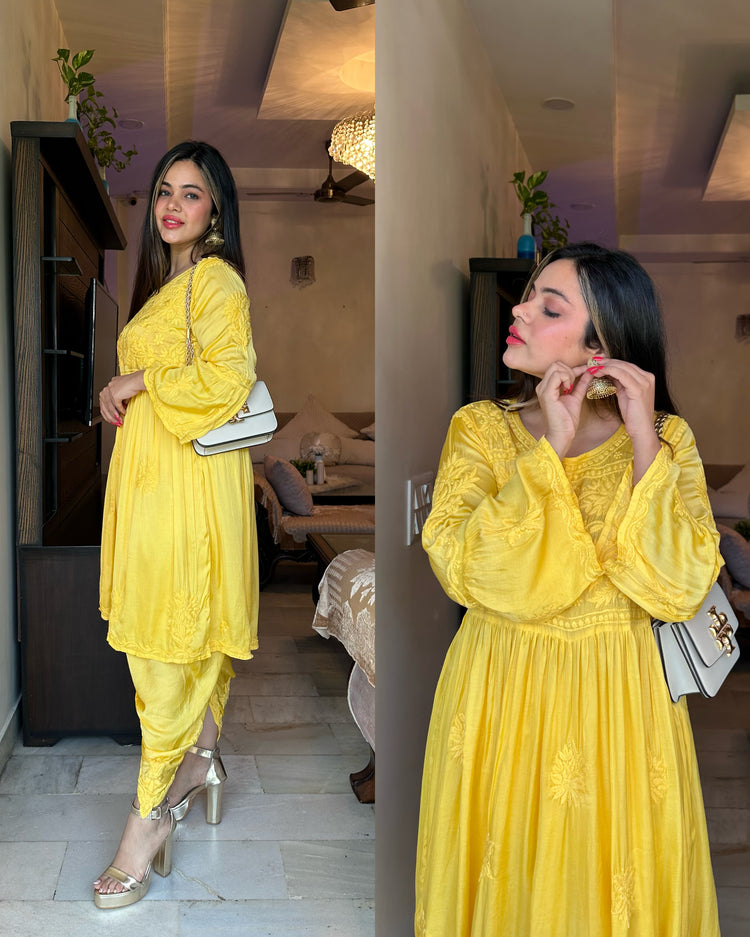 Yellow dhoti peplum chikankari set