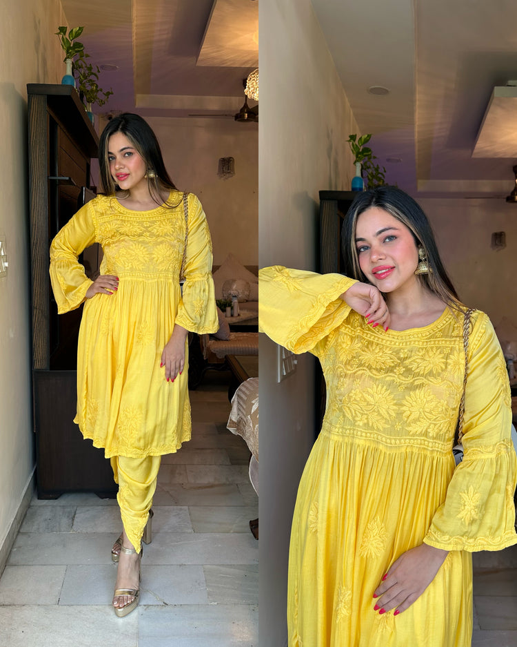 Yellow dhoti peplum chikankari set