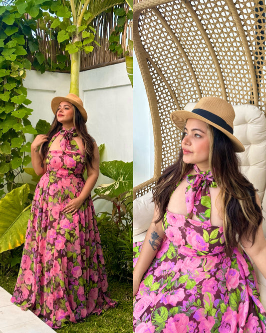 Pink green tropical gown