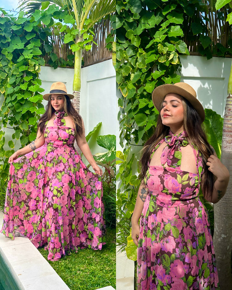 Pink green tropical gown