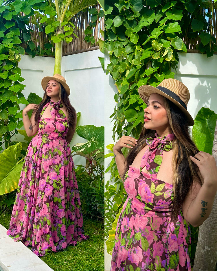 Pink green tropical gown