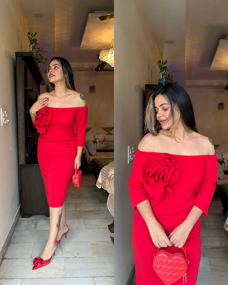 Red big rose off shoulder dress