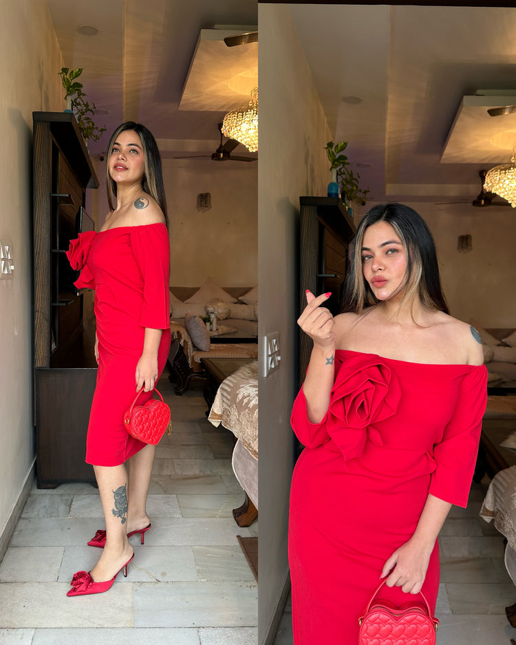 Red big rose off shoulder dress