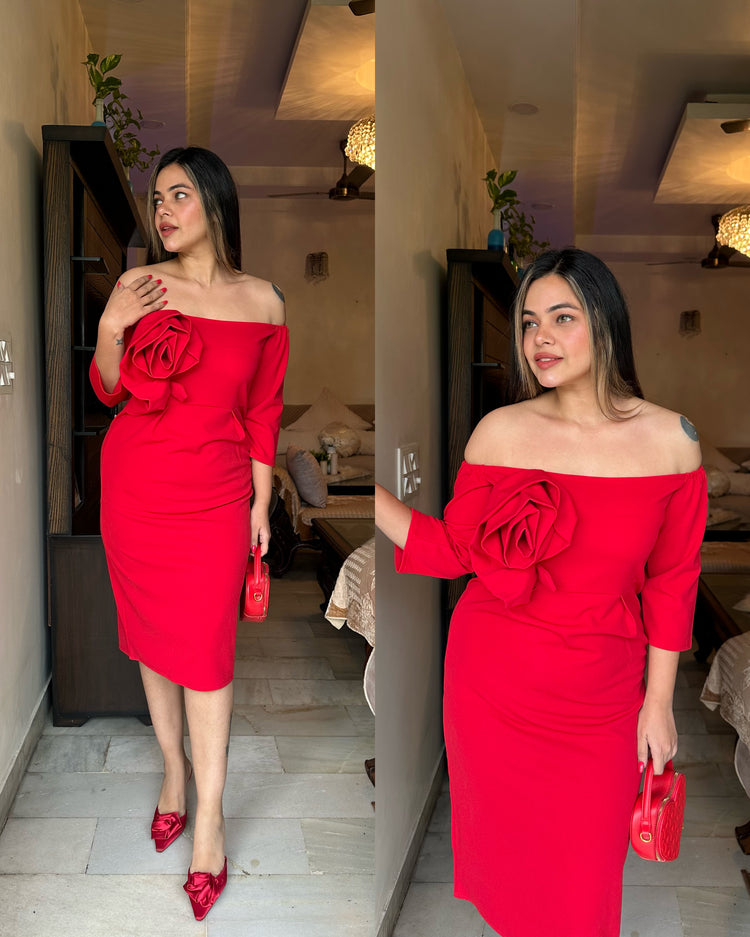 Red big rose off shoulder dress