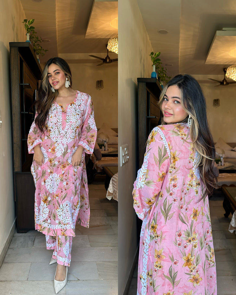 Baby pink printed chikankari set