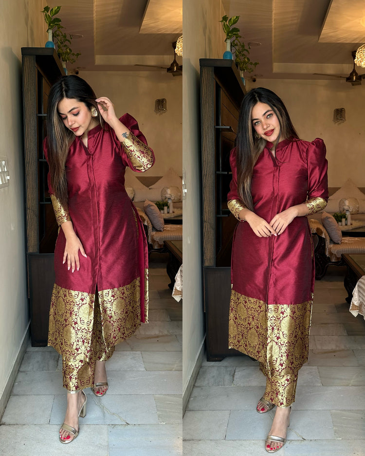 Maroon silk banarasi set