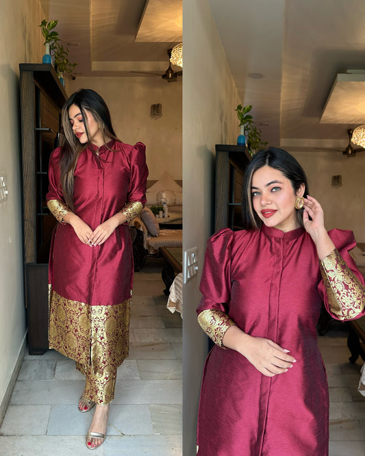 Maroon silk banarasi set