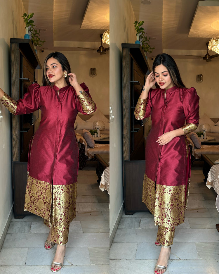 Maroon silk banarasi set