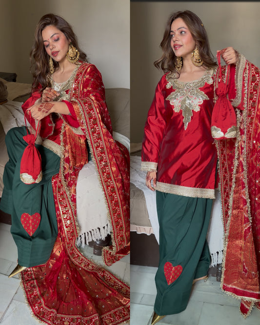 Red green silk embroidered heart suit