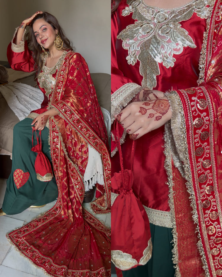 Red green silk embroidered heart suit