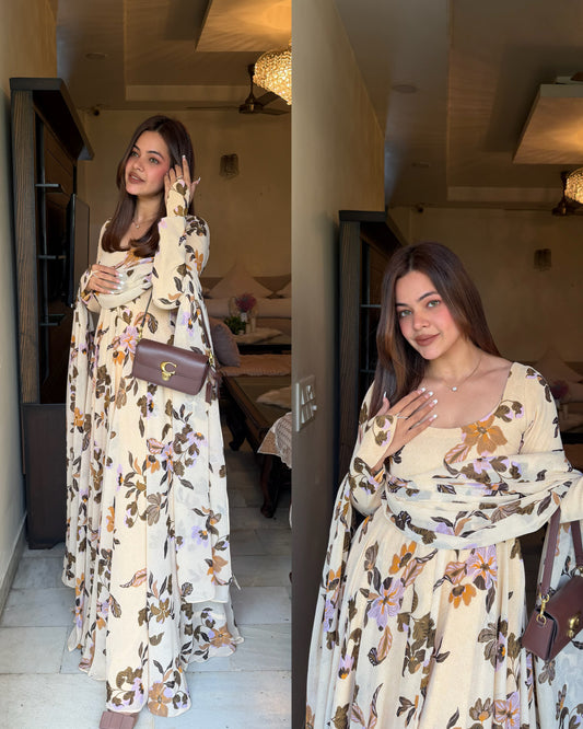 Butter yellow brown printed Anarkali set