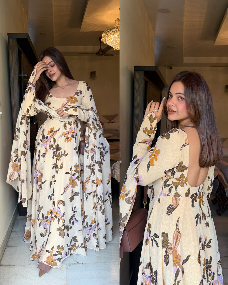 Butter yellow brown printed Anarkali set