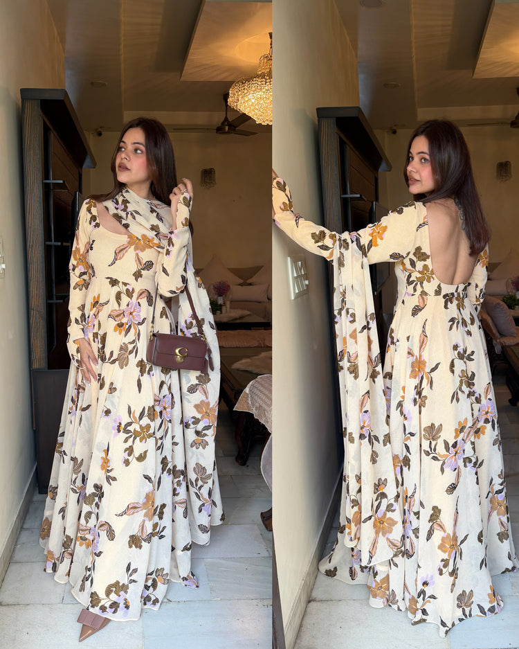 Butter yellow brown printed Anarkali set