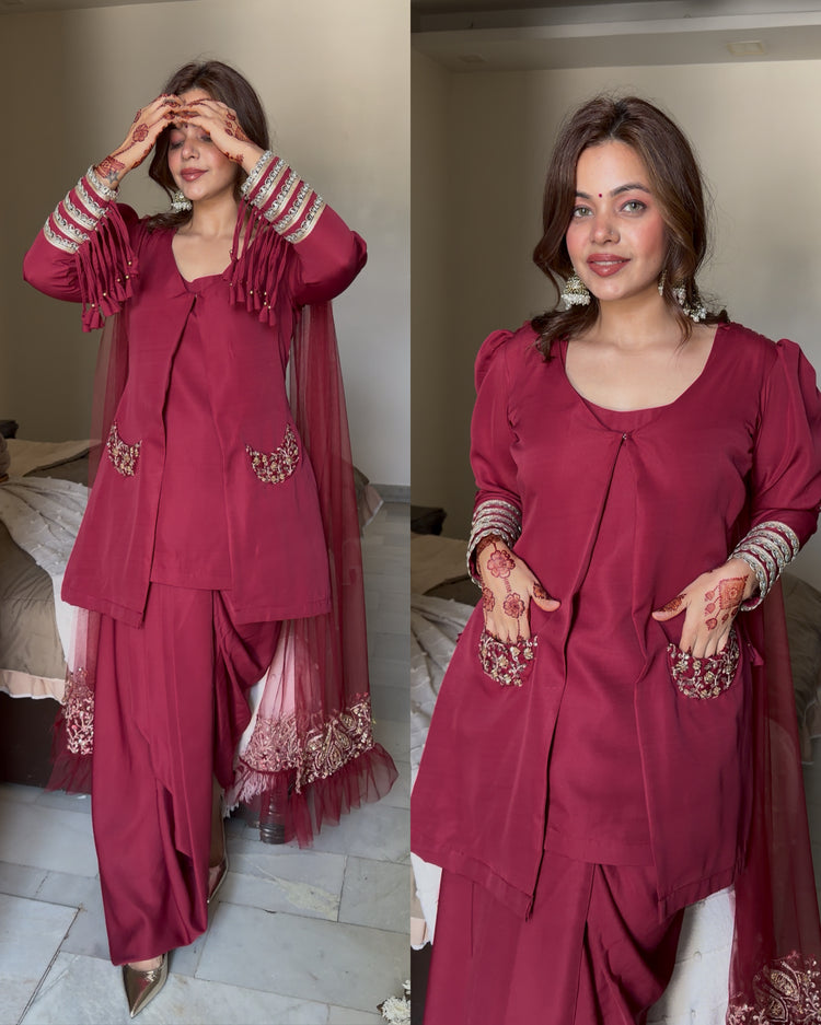 Rose wine attach duppata 4 peice suit