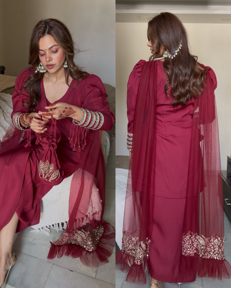Rose wine attach duppata 4 peice suit