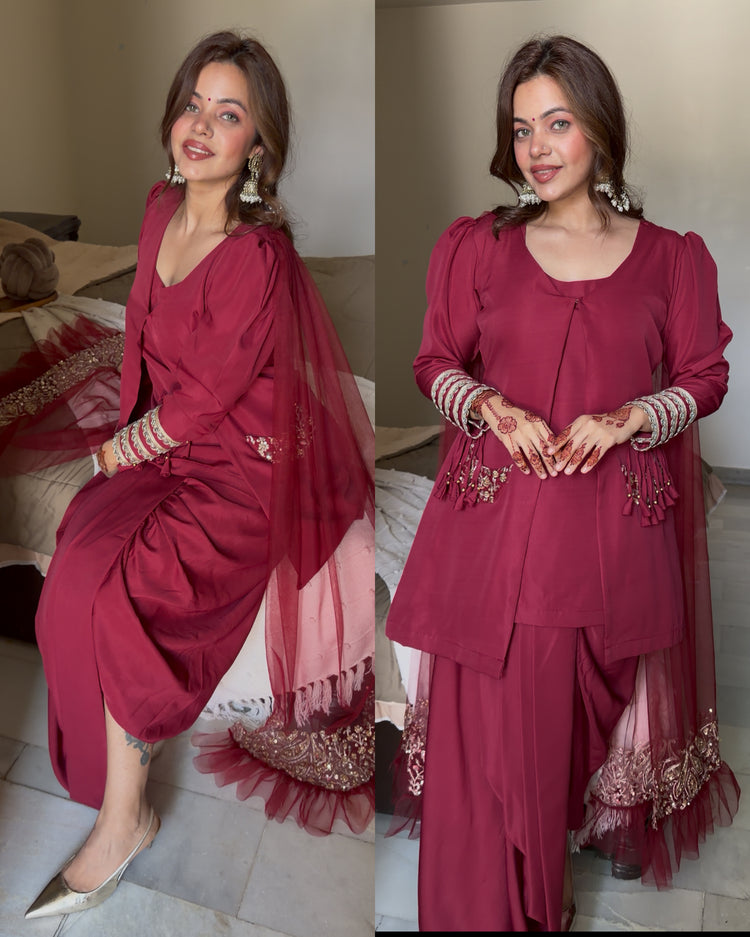 Rose wine attach duppata 4 peice suit