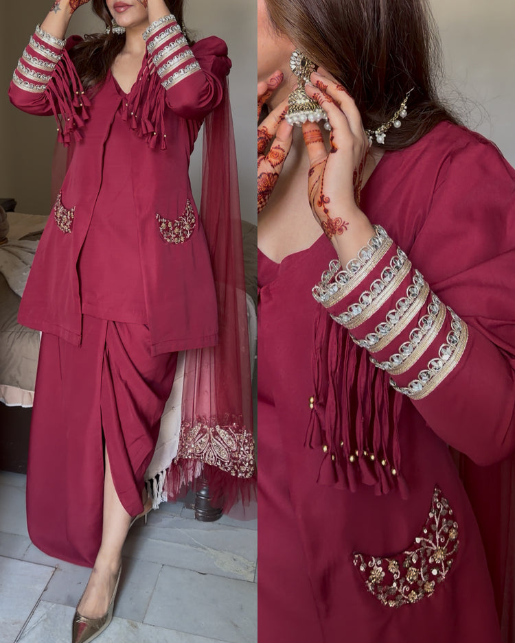 Rose wine attach duppata 4 peice suit