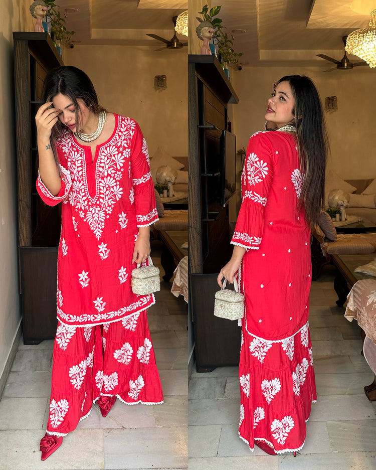 Coral red chikankari set