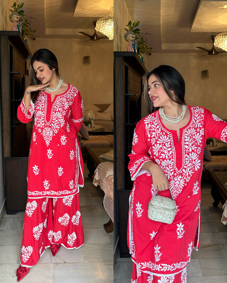 Coral red chikankari set