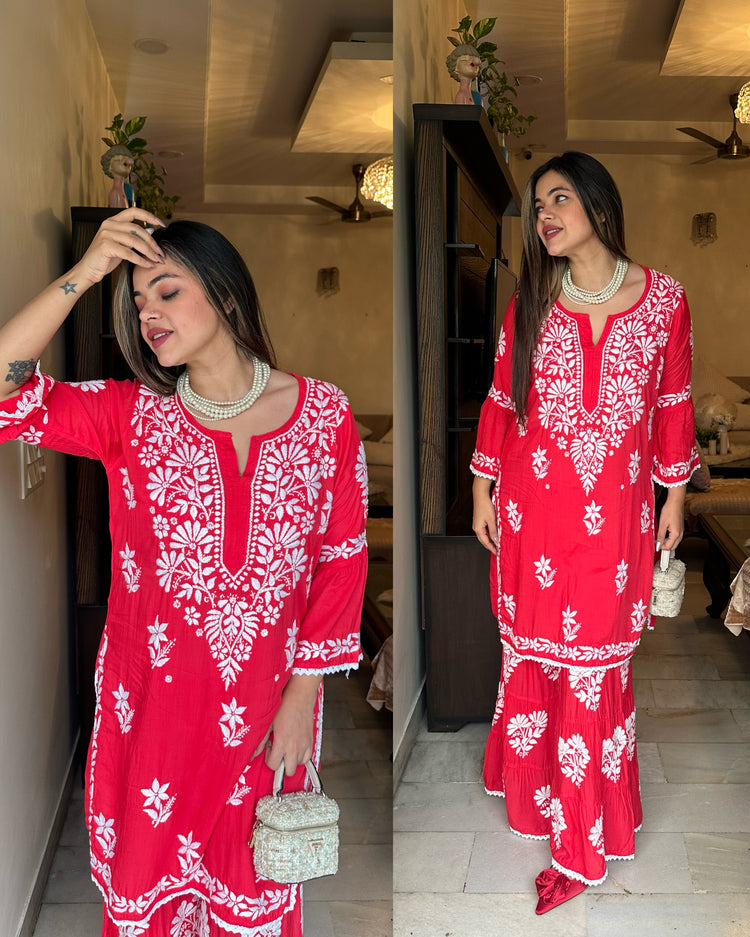 Coral red chikankari set