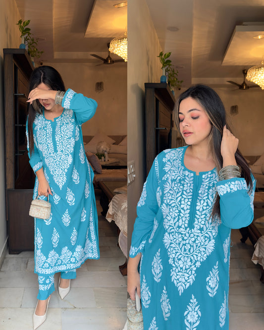 Sky blue chikankari muslin set