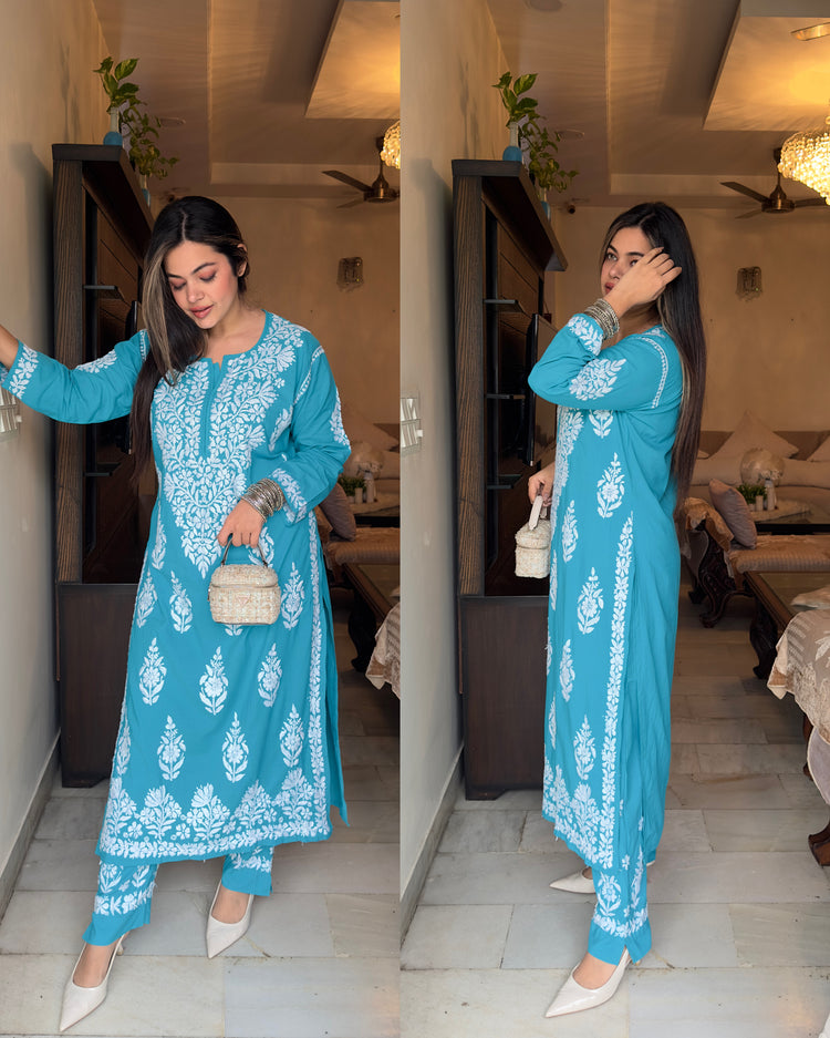 Sky blue chikankari muslin set