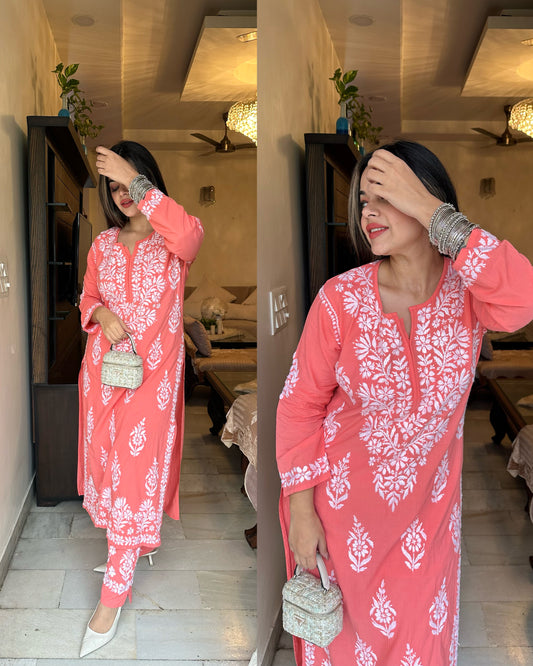 Bright peach chikankari muslin set