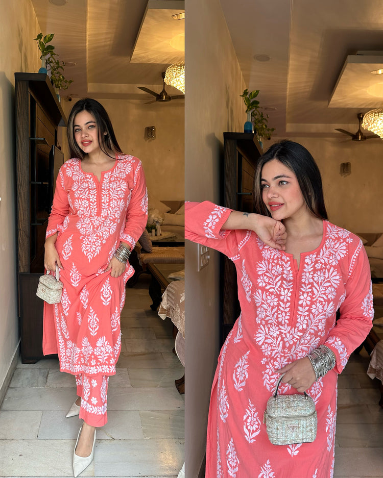 Bright peach chikankari muslin set