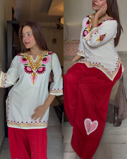 Off white kashmiri embroidery kurti farsi set
