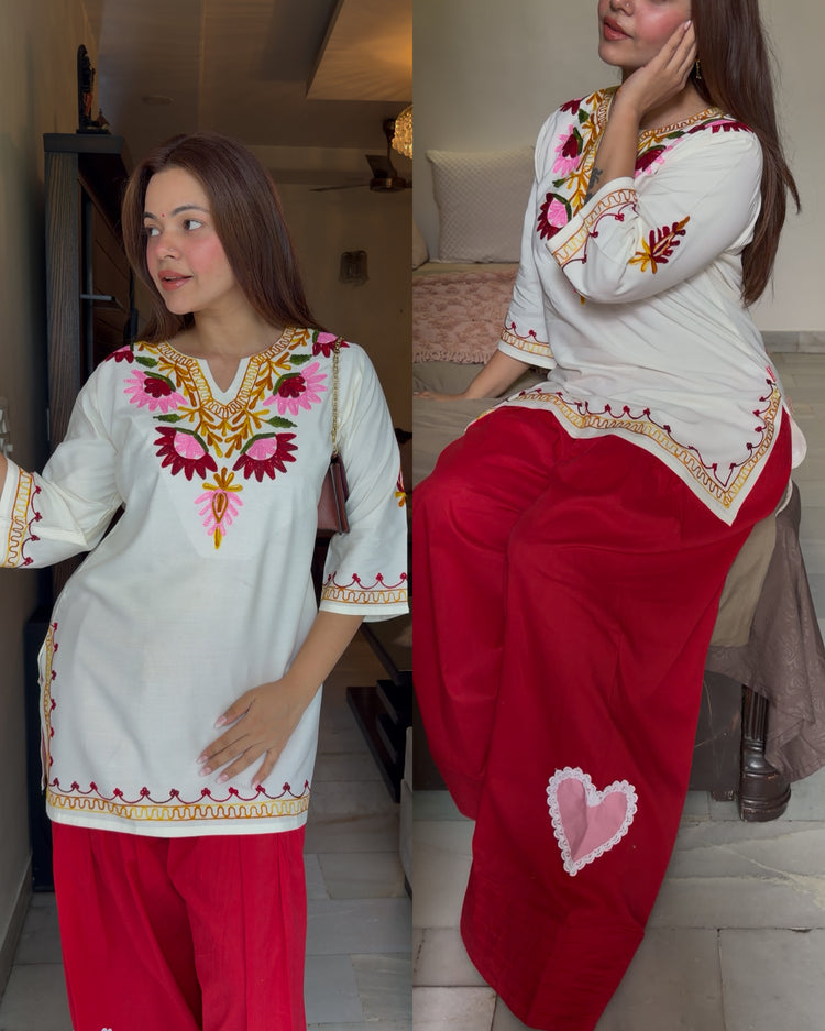 Off white kashmiri embroidery kurti farsi set